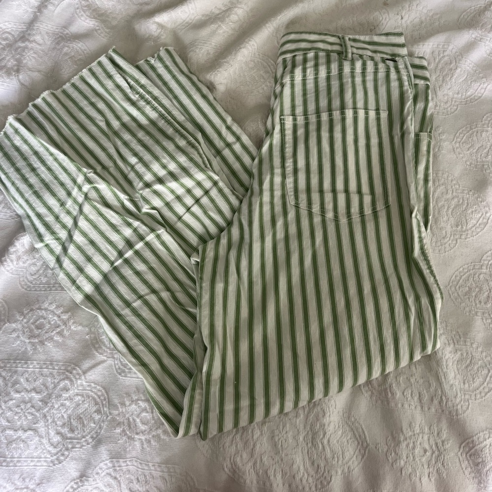 O’Neill high rise straight leg pants, green and white striped, worn once